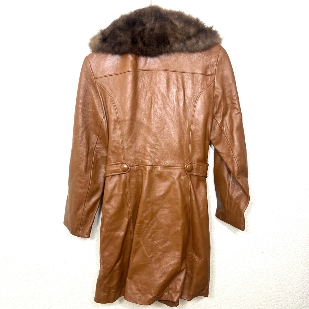 Vintage 70’s Cognac Leather Trench Coat Short Fur Collar Size 14 - Picture 3 of 15